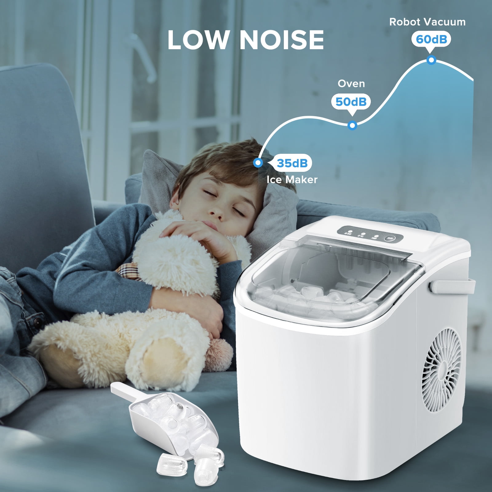 Auseo Countertop Ice Maker Machine 26lbs/24H, 6 Mins/9 Bullets of ice, Self-Cleaning, White