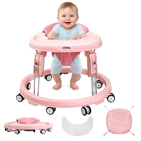 PRVAETU Foldable Baby Walker Activity Center W/ Wheels,Height Adjustable W/ Dinner Plate & Foot Pad for 6-18 Months Babies Infant Boys Girls,Full Pink