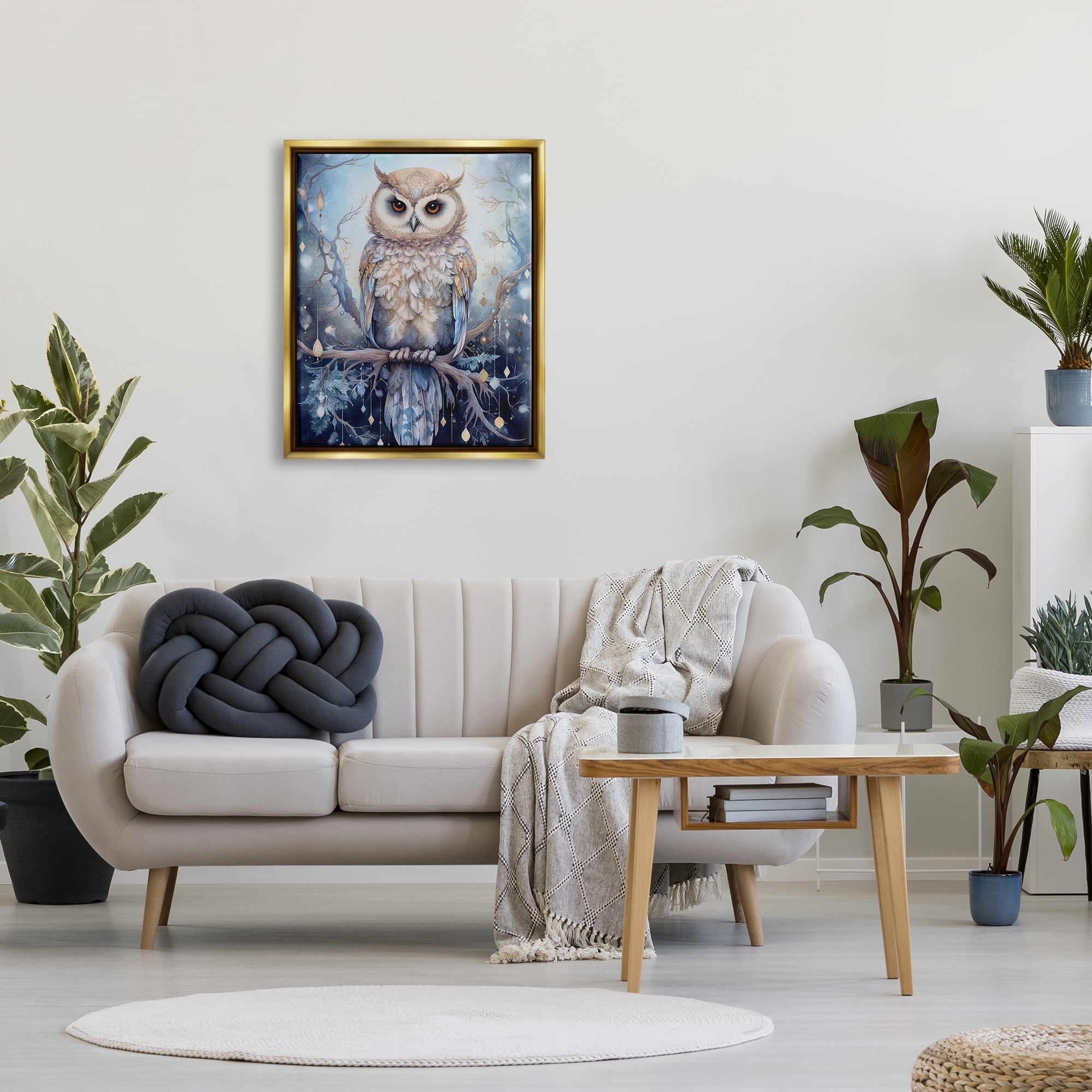 Stupell Industries Owl on Twinkling Branch Animals & Insects Painting Gold Floater Framed Canvas Art Print Wall Art, 25 x 31