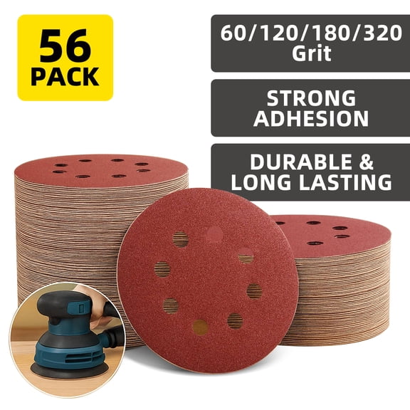 56 Pack 5 Inch 8-Hole Hook and Loop Sandpaper Discs for Sander Grit Mix