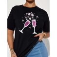thumbnail image 2 of Camiseta informal de algodón para mujer con estampado de copas de vino, cuello redondo, manga corta, tejido de punto, ideal para todas las estaciones, ideal para deportes de ocio., 2 of 7