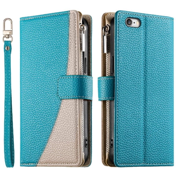 Funda cartera GANGXUN para iPhone 7/8 , cuero PU con tarjetero, cremallera, correa de mano, soporte y protección 408°
