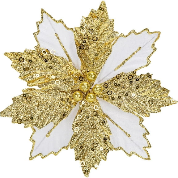 9'' Poinsettias Artificial Christmas Flowers 8PCS Silk Christmas Floral Picks and Sprays Large White Gold Poinsettias Flowers with Clips for Xmas Tree Vase Arrangement Wreath Decor