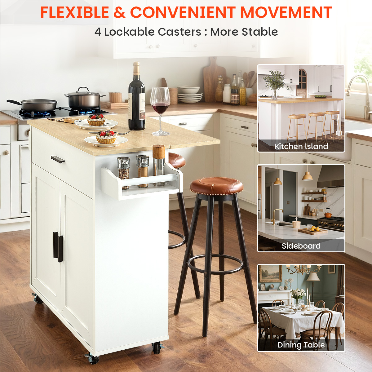 38-inch Rolling Kitchen Island Cart with Drop Leaf, Mobile Kitchen Center with Storage Cabinet, Drawer, Spice Rack and Towel Holder, White