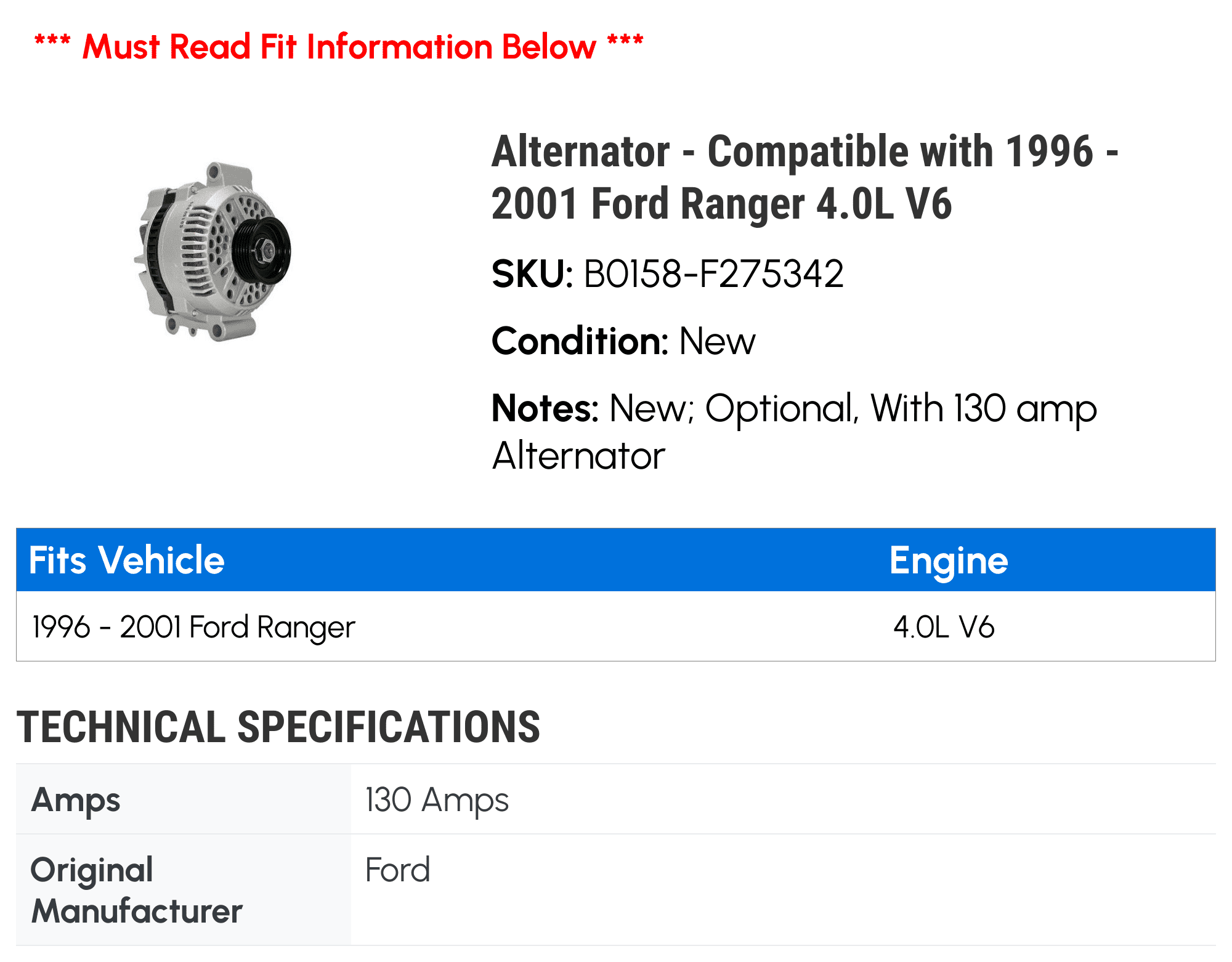 Alternator - Compatible with 1996 - 2001 Ford Ranger 4.0L V6 1997 1998 1999  2000 - Walmart.com, image size:2000x1562