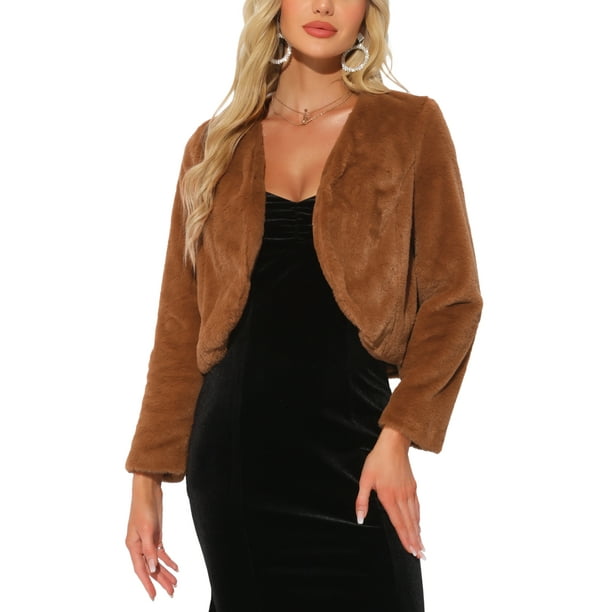 CHAQUETA CORTA ABIERTO INSPIRAR CHIC PARA MUJER, BOLERO DE FALSO PIEL DE MANGA LARGA, ABRIGO DE INVIERNO S COLOR MARRÓN