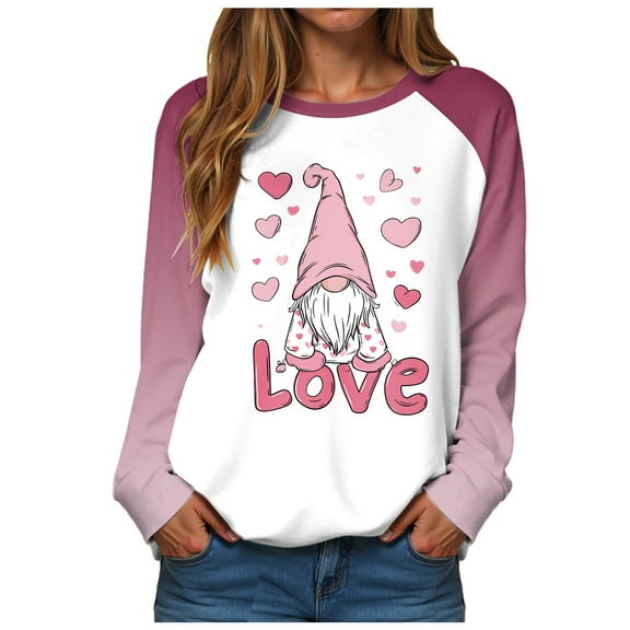 vigerkar Valentine Shirts for Women Love Heart Crewneck Sweatshirt Cute Gnome Sweater Tops Pullover Outfits (Pink, XXL)