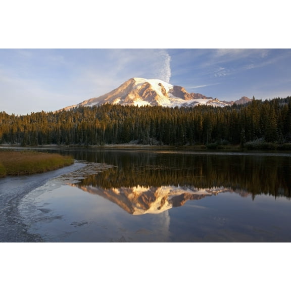 Posterazzi DPI1876541 Washington, United States of America - Reflection of Mount Rainier In A Lake with Ice On The Surface In Mt. Rainier National Park Poster Print, 19 x 12