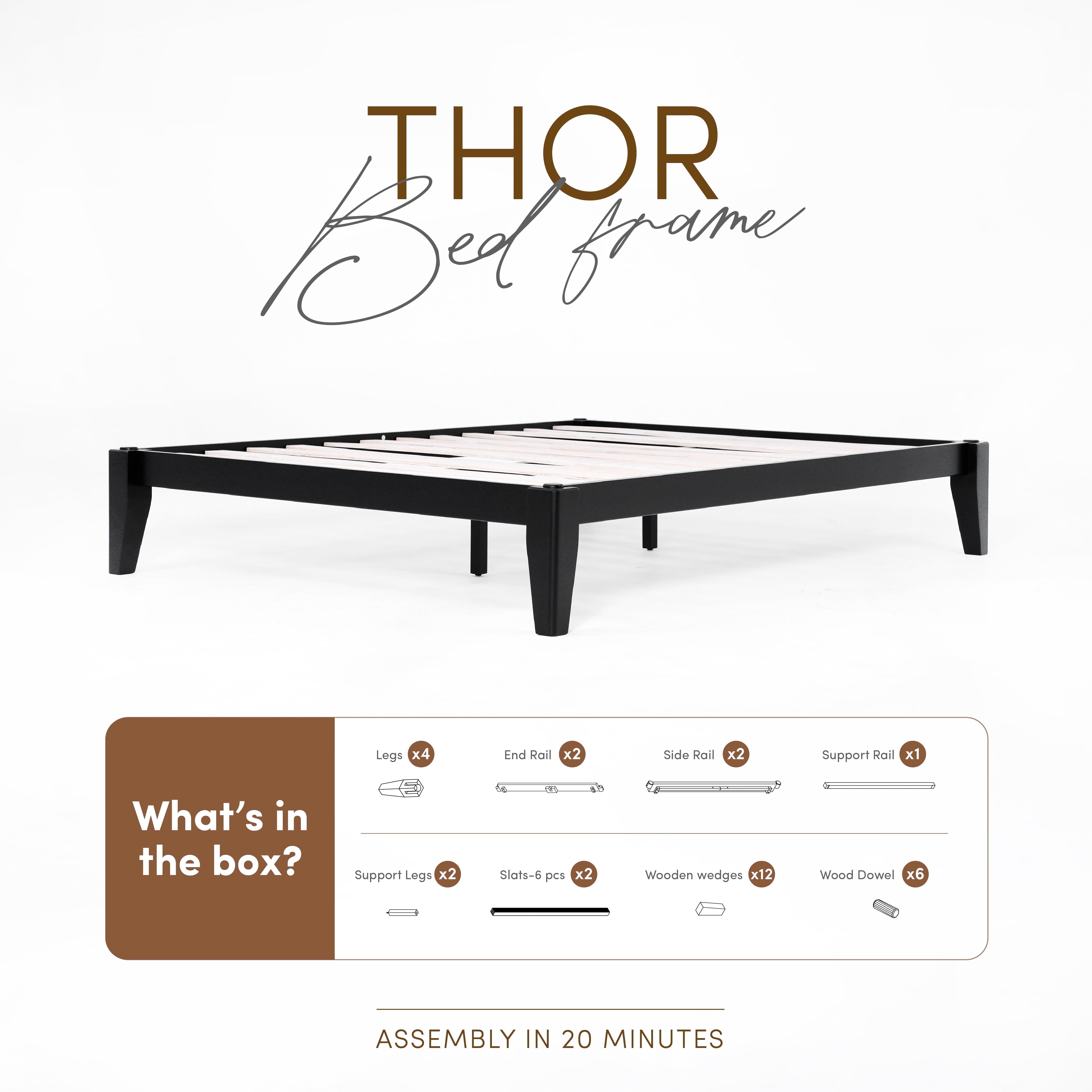 allforwood Thor Solid Wood Bed Frame - Queen Size - Japanese Joinery Bed Frame - Wood Slat Support - No Box Spring Needed - Easy Assembly - Minimalist & Modern Style (Midnight Charcoal, Queen)