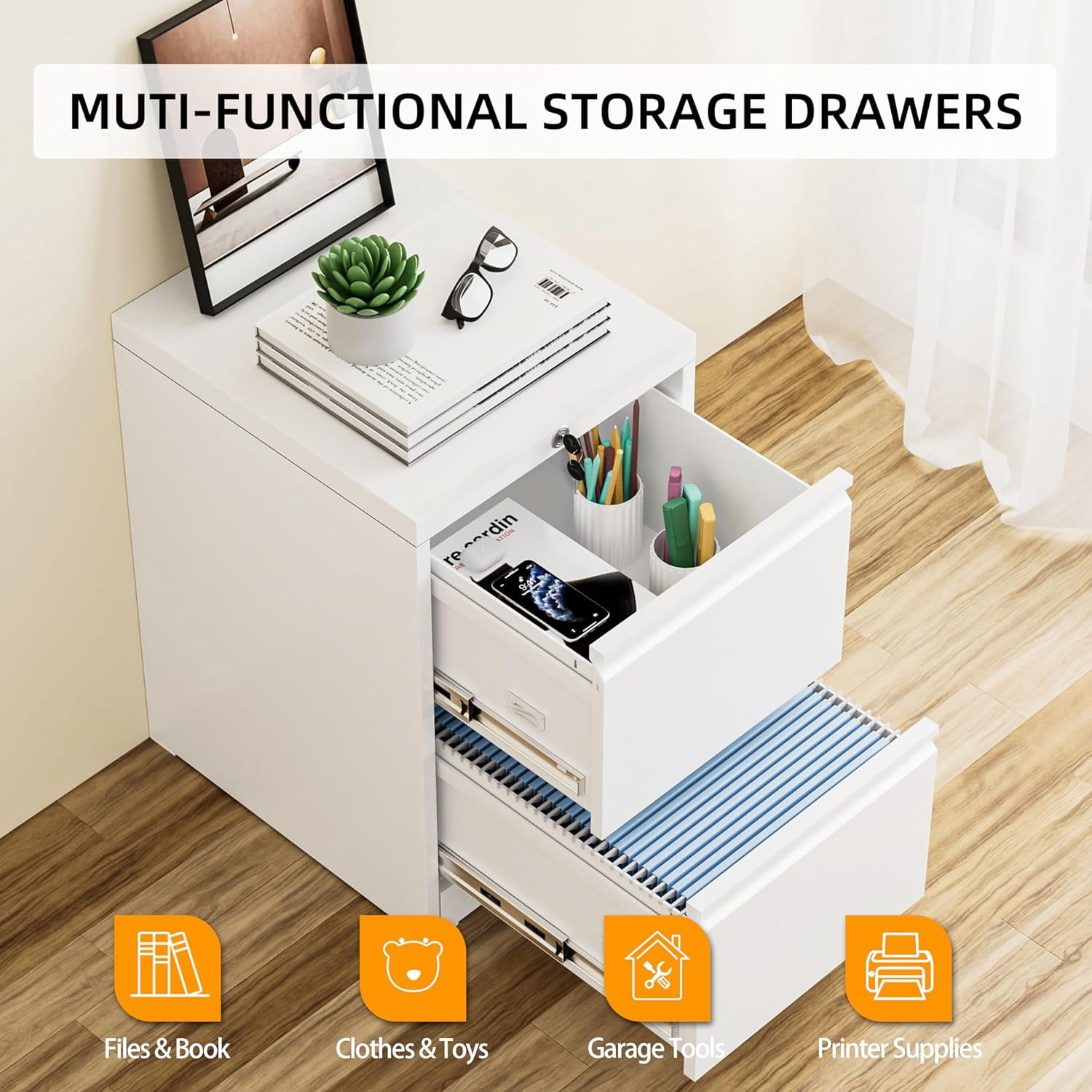 SUNCROWN 2 Drawer File Cabinet with Lock, White Lateral Filing Cabinet, Metal Narrow Storage Cabinet with 4 Adjustable Hanging Frame for Home Office