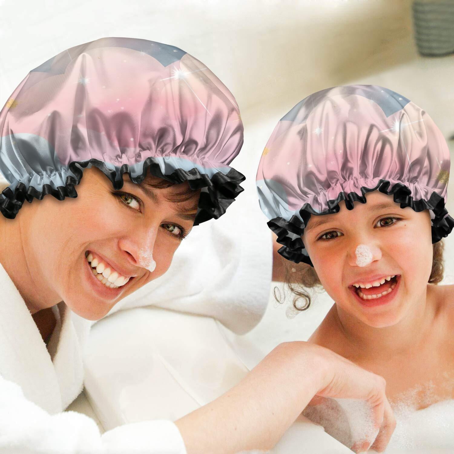 Shower Caps,Pastel Cloud Starry Sky Waterproof Shower Cap for Women 4 Pieces,Double Reusable Hair Cover for Shower PEVA Elastic Stretch Hem