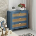 thumbnail image 2 of 3 Drawer Cabinet, Rattan Dresser Chest of 3 Drawers with Golden Metal Handles, Accent Storage Cabinet Retro Bedside Table for Living Room Bedroom, Study Room, Blue, 2 of 9