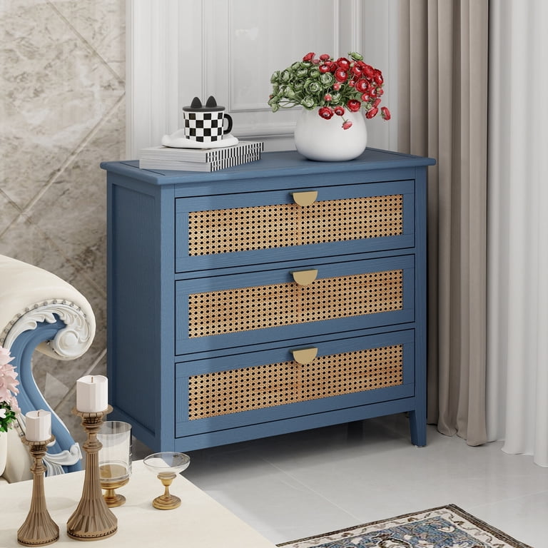 blue rattan dresser 3 Drawer Cabinet, Chest of 3 Drawers with Golden Metal Handles, Accent Storage Cabinet Retro Bedside Table for Living Room Bedroom, Study Room, emerald green prom dress Unmistakably midcentury Size:1X/16W-18W ALCHEMY