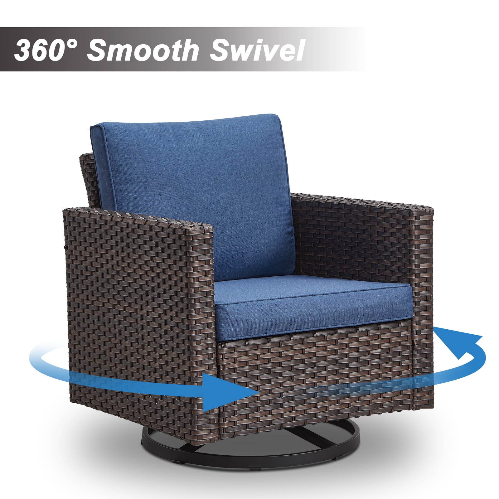 POCASSY 6PCS Outdoor Furniture Set with Fire Pit Table - All Weather Patio Conversation Set with Brown Wicker Outdoor Swivel Chairs and 41" Propane Firepit Table for Balcony, Porch, Garden - Blue