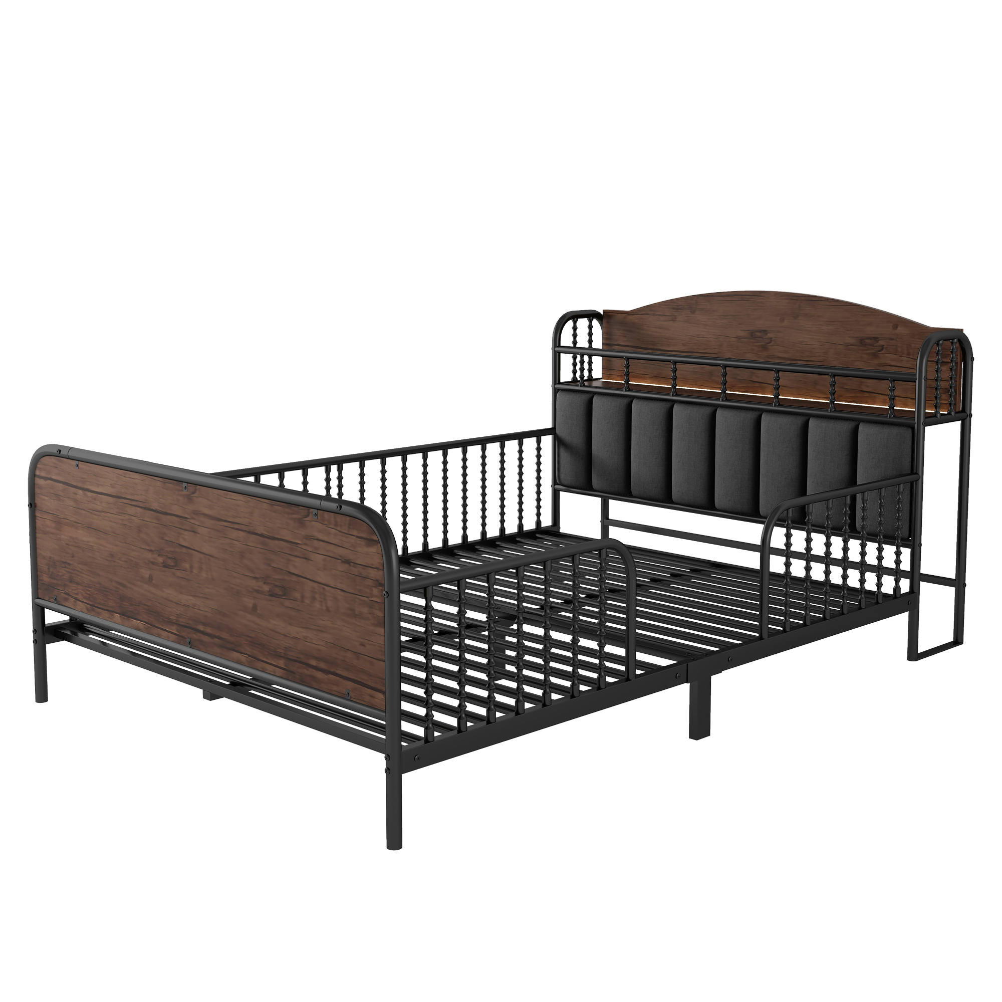 Euroco Metal Full Size Platform Bed with Upholstered Headboard, Storage Shelves and LED Light, Black