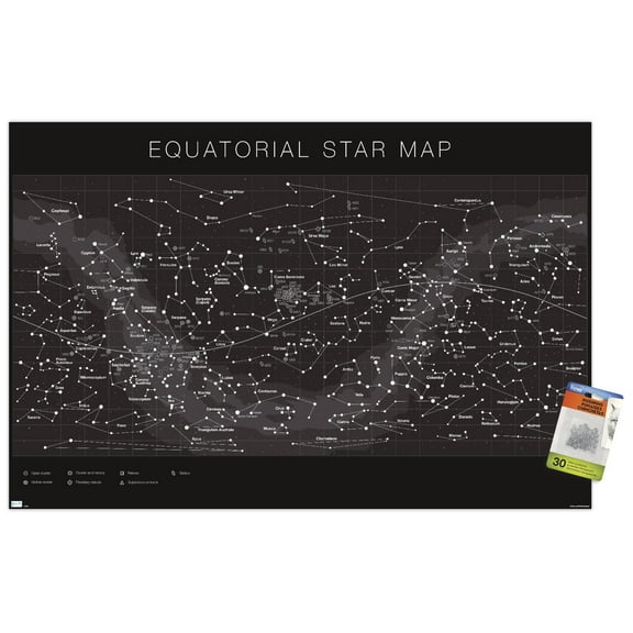 Astrology - Equatorial Star Map Wall Poster with Pushpins, 22.375" x 34"