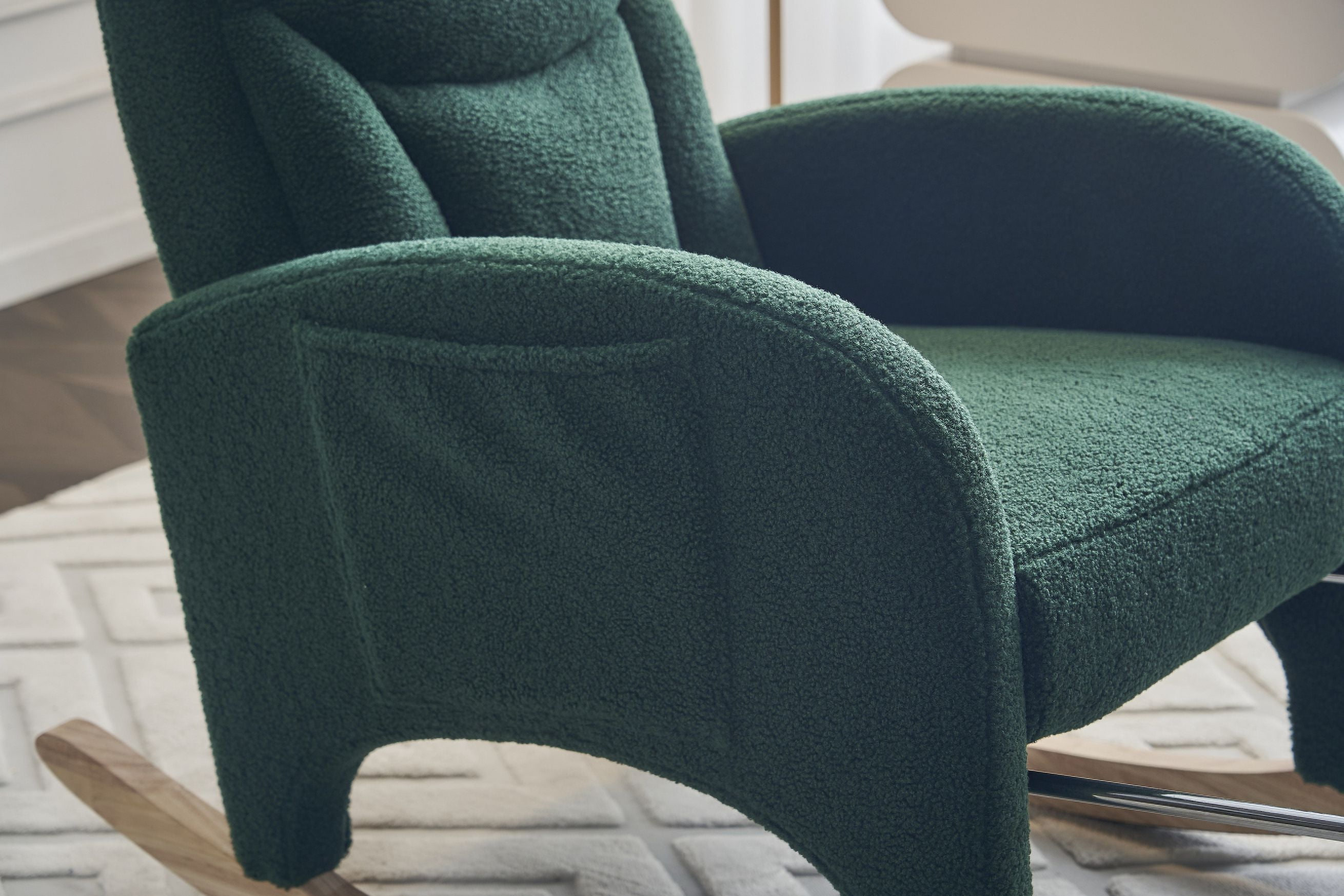 Nursery Rocking Chair with Two Side Pockets & Adjustable Footrest, Teddy Fabric Rocker with High Backrest, Modern Rocking Accent Chair for Living Room, Bedroom, Green