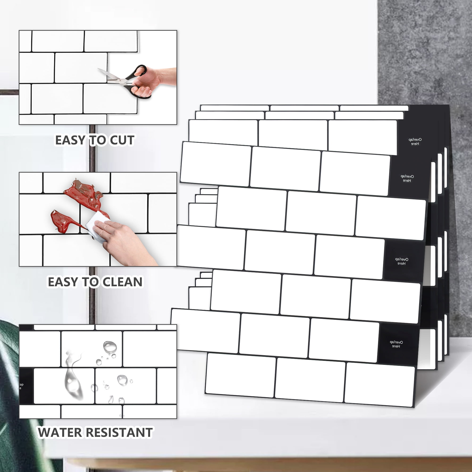 White with Black Grout Kitchen Backsplash Tiles Peel and Stick 10-Sheet