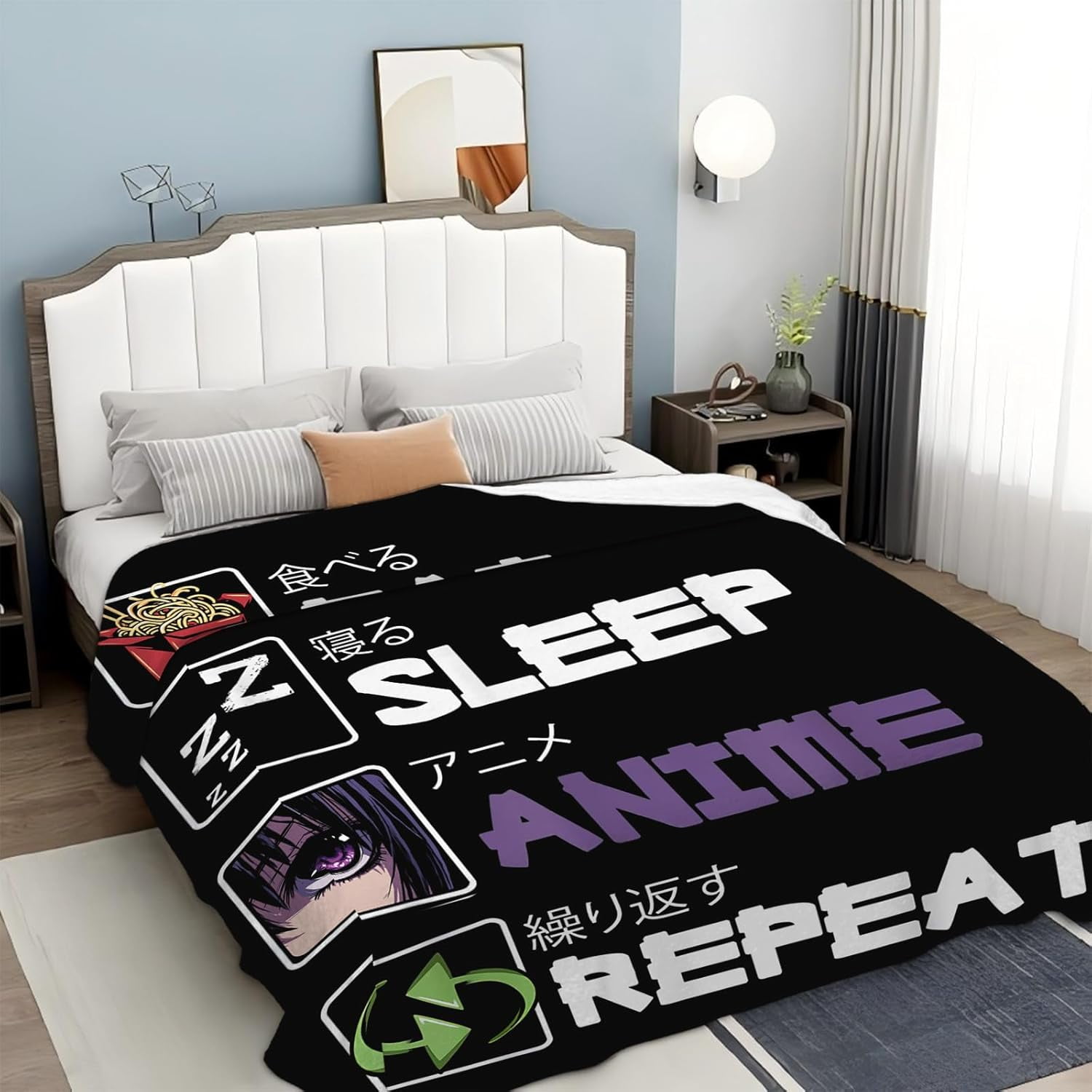 Eat Sleep Anime Blanket for Boys Girls Flannel Anime Throw Blanket Ultra Soft Cozy Fleece Decor Blankets Gift for Womens Mens Couch Sofa Bed 60" x 50"