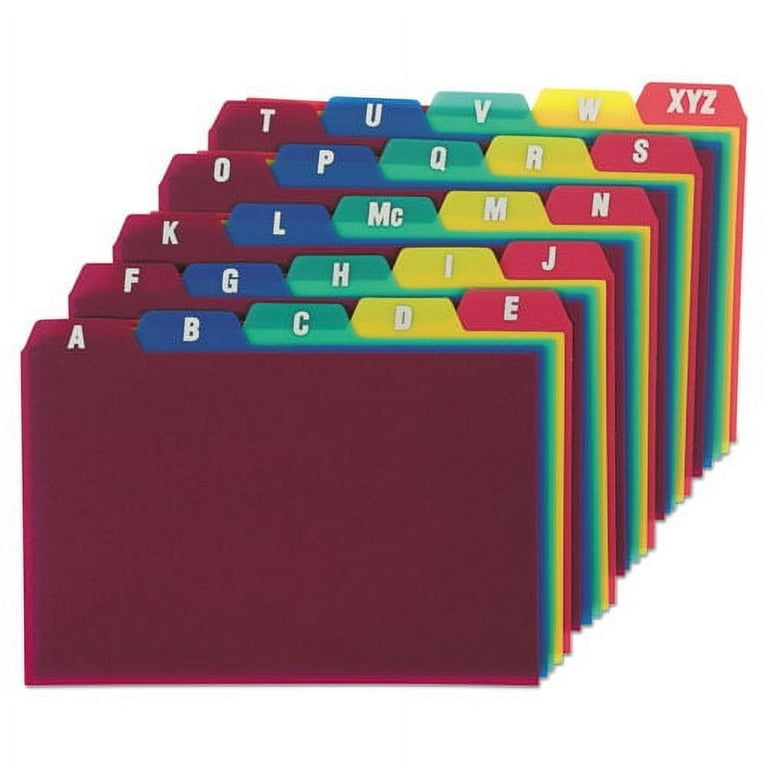 Durable Poly A-Z Card Guides, 1/5-Cut Top Tab, A to Z, 4 x 6, Assorted Colors, 25/Set Durable Poly A-Z Card Guides, 1/5-Cut Top Tab, A to Z, 4 x 6, Assorted Colors, 25/Set