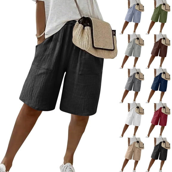 HKYNLAG Bermuda Shorts for Women Summer Half Shorts Pants Drawstring Elastic Waist Solid Color Cotton Linen Wide Leg Pants with Pockets Army Green 2XL