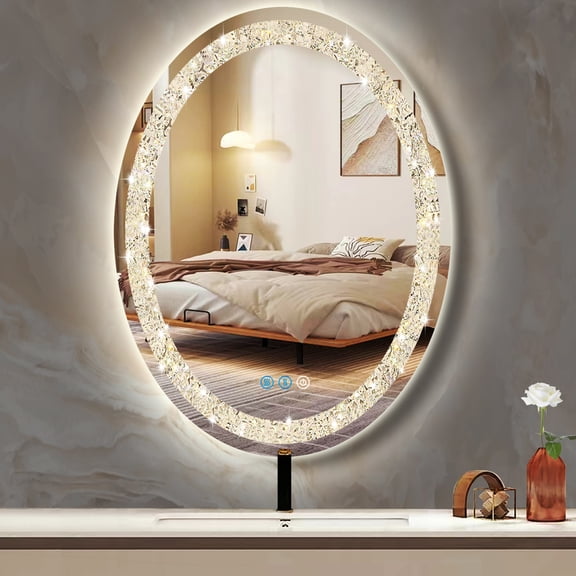Crystal Oval Makeup 20 x 30 inch Mirror with Lights Crystal Oval Lighted Mirror for Bathroom Wall Light up LED Ovals Mirrors Crystal Crushed Diamond Oval Shaped Silver Mirror Glam Bling for Wall Deco