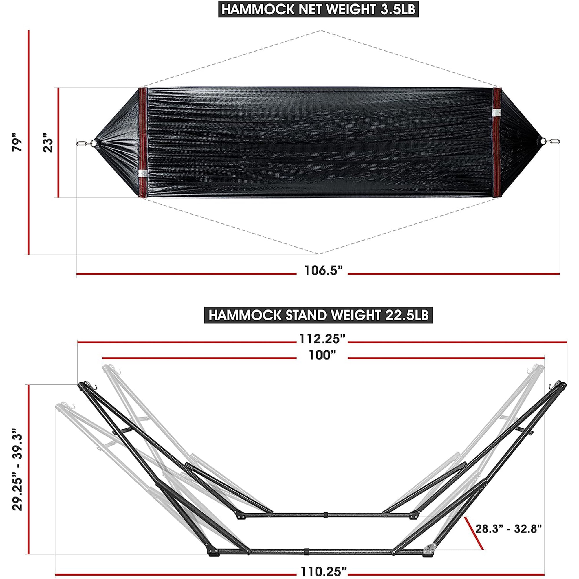 Tranquillo Universal 106.5" Double Hammock w/ Adjustable Stand & Bag, Black