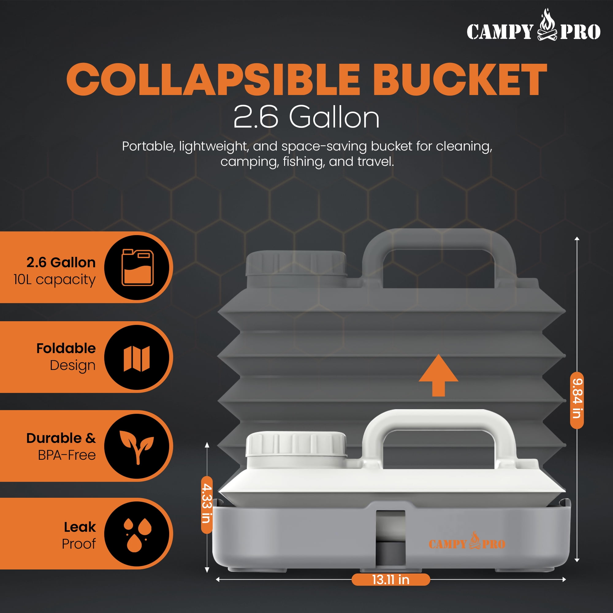 Campy Pro Collapsible Water Container 10L (2.6 Gal) – Foldable Portable Jug for Camping, Hiking, Fishing, RV, Outdoor, Emergency & Travel