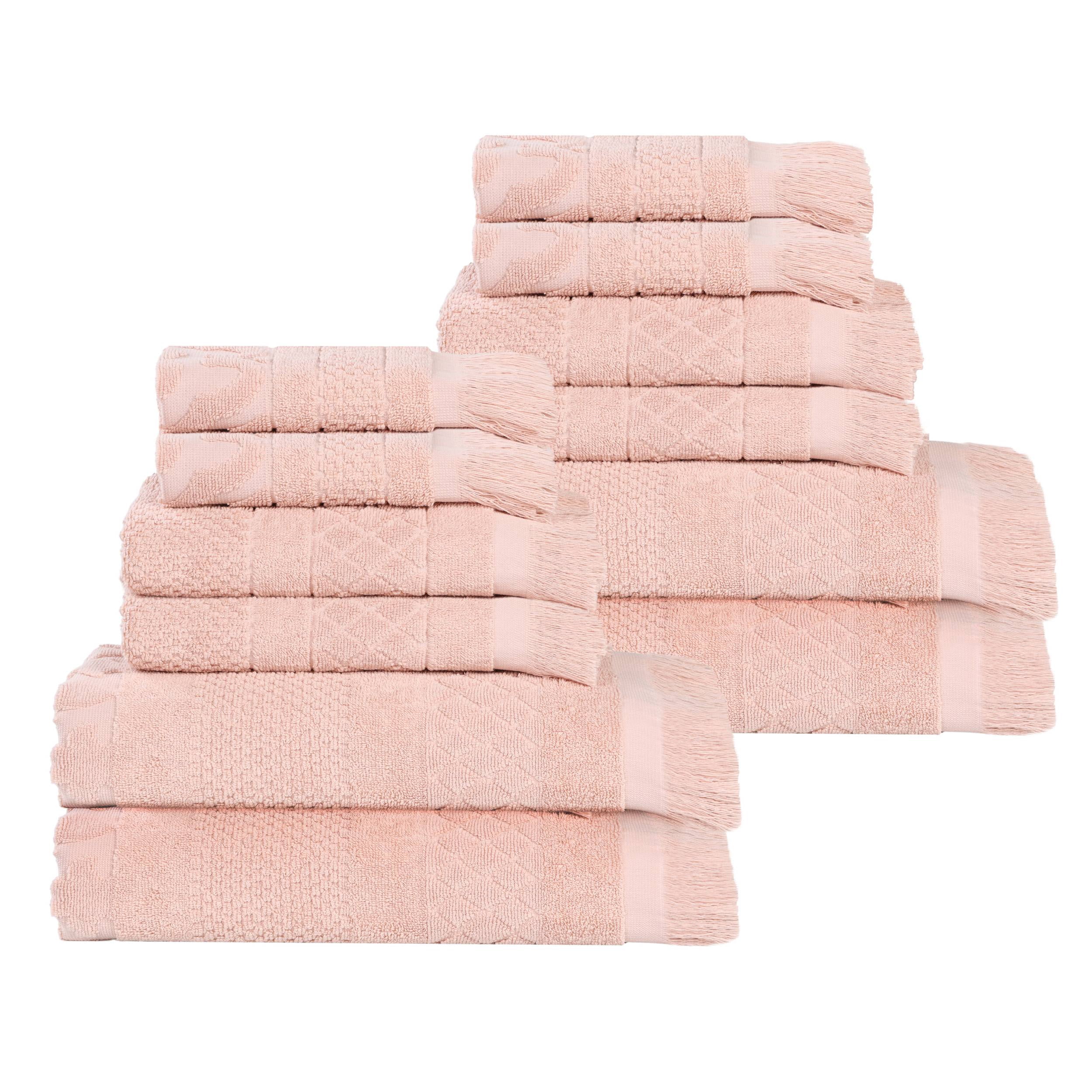 Superior Rolla Geometric Cotton 12 Piece Towel Set, Quick-Dry Ultra Soft Towels, Pink