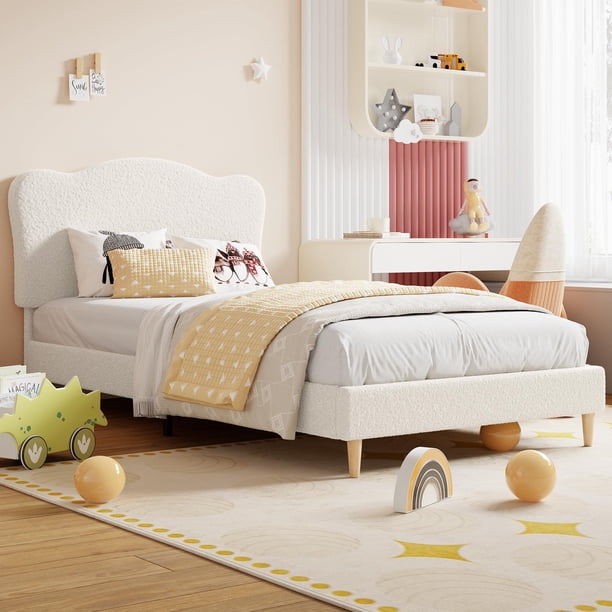 QinaQin Cama Full infantil con cabecera ondulada de terciopelo, base resistente con listones de madera, ideal para niñas y niños, diseño elegante para recámara
