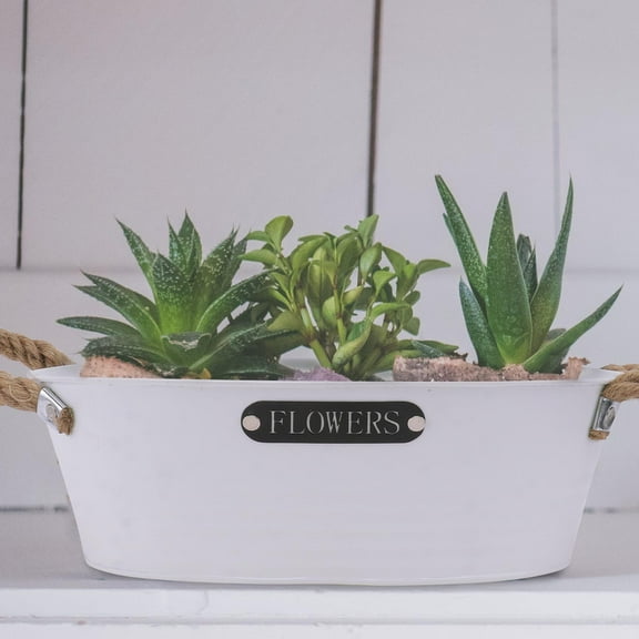 OUNONA  Iron Flower Pot Patio Planter with Stand Galvanized Containers Rustic Decor Floral White