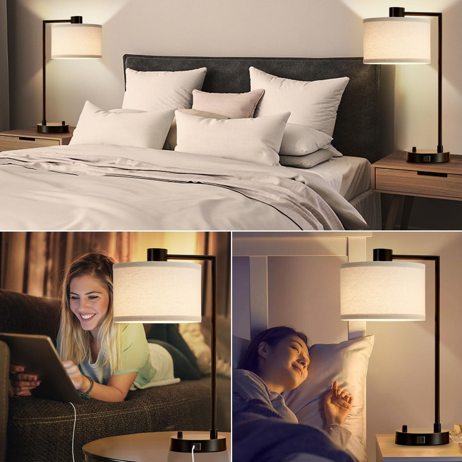 NATYSWAN Table Lamp for Bedroom Set of 2 with USB C+A Ports, Fully Stepless Dimmable Bedside Lamp with Linen Lampshade, Contemporary Lamp for Living Room Reading Office, 2 LED Bulbs Included (Black)