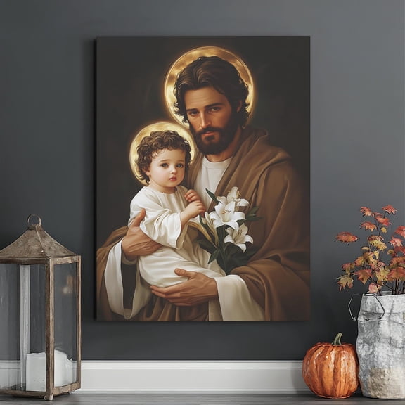 Saint Joseph and Baby Jesus Canvas Print - Catholic Christian Wall Art - Religious Home Decor