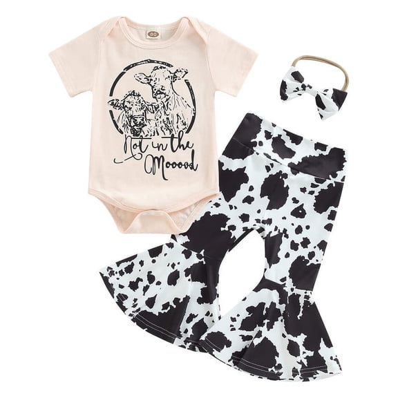 Newborn Baby Girl Clothes Letter Printed Short Sleeved Romper Cow Pattern Printed leggings Headband 3 PCS Outfits Set