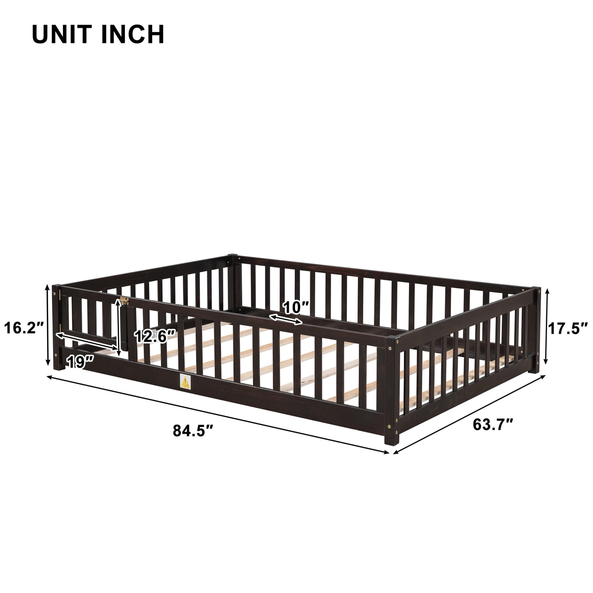 Queen Size Floor Bed with Fence for Kids, Wood Montessori Toddler Bed Frame with Door and Slats Support, Queen Size Platform for Girls and Boys, Espresso