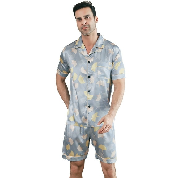 Men Silk Satin Pajamas Set Short Sleeve Button Down Sleepwear Loungewear with Pockets