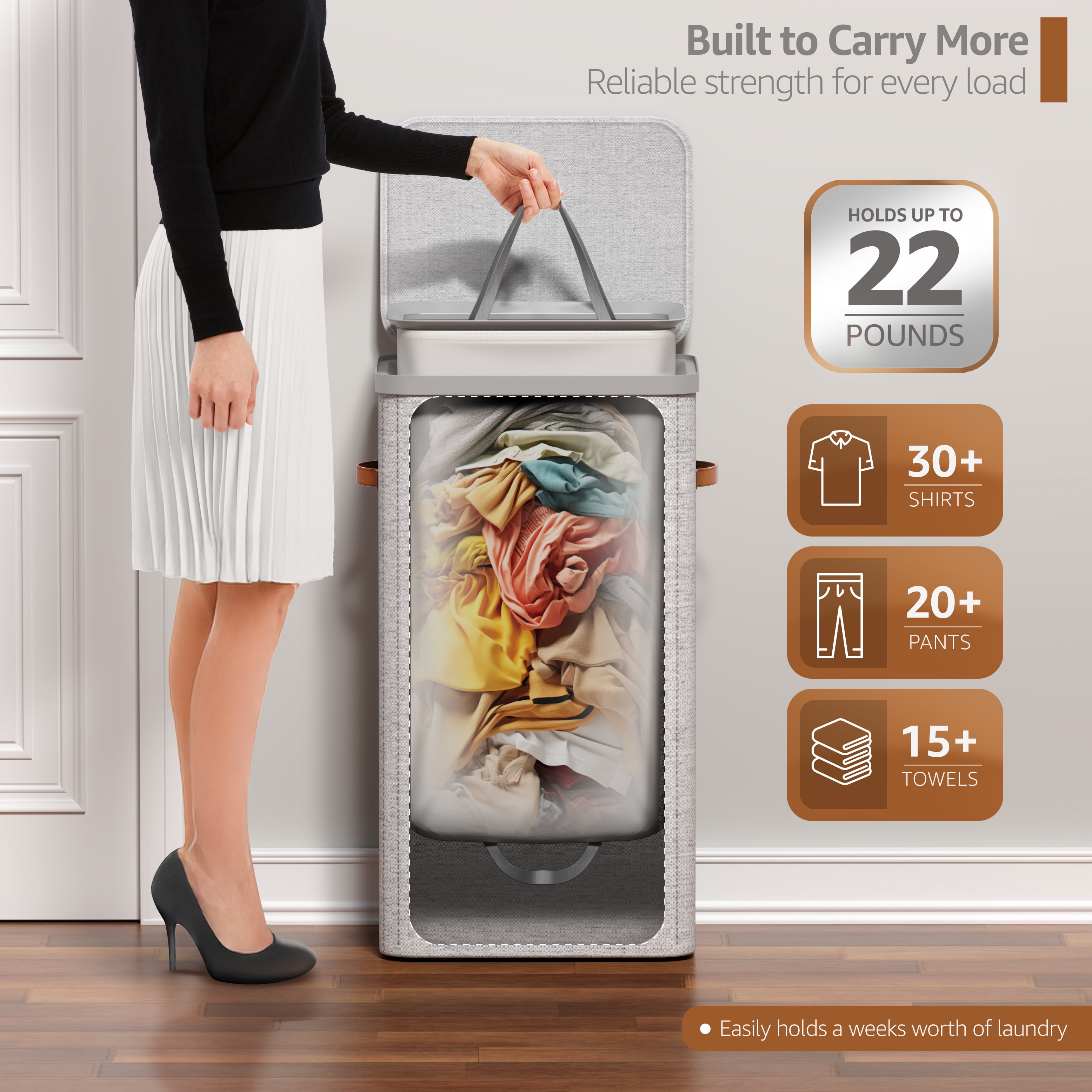 Sorbus Collapsible Fabric Laundry Hamper 2-Pack with Removable Bag, 1 Compartment, Gray