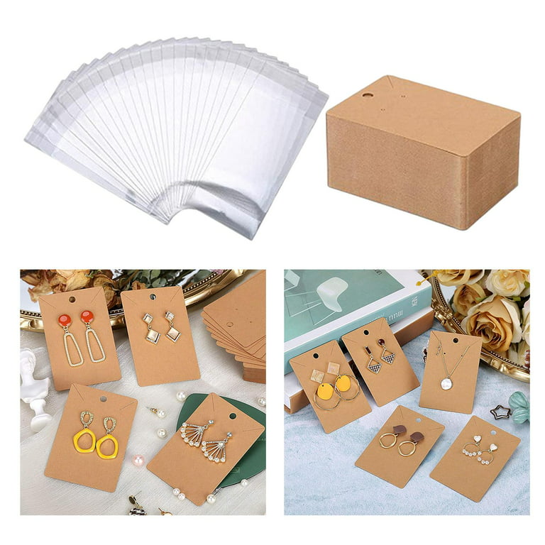 100 Pcs Earring Display Card, Earring Necklace Display Kraft Paper Cards  with100 Pcs Self-Seal Bags for Ear Studs Earrings and Necklace Jewelry