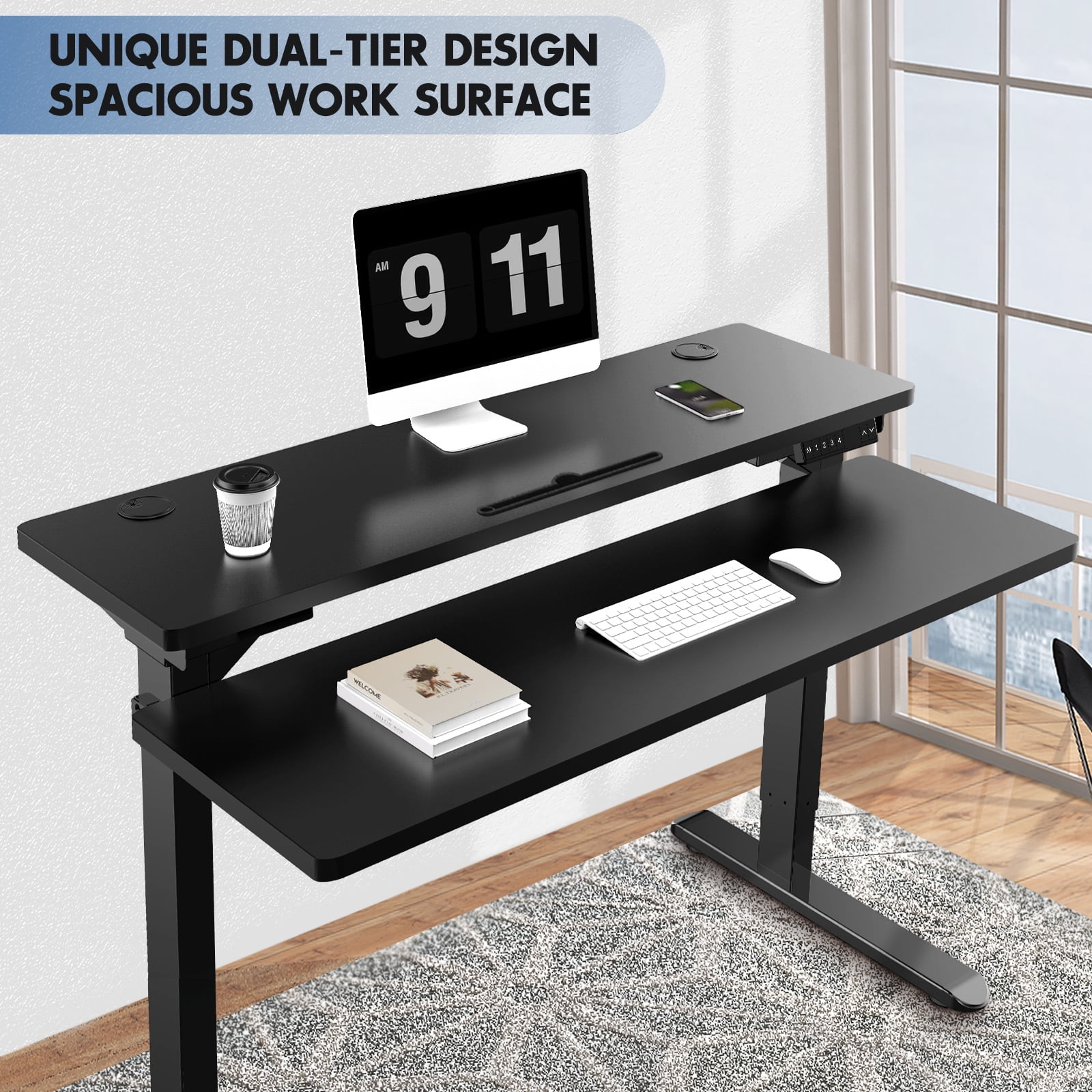Buy AIMEZO Electric Standing Desk 2 Tiers Desktop Design, Dual Motor