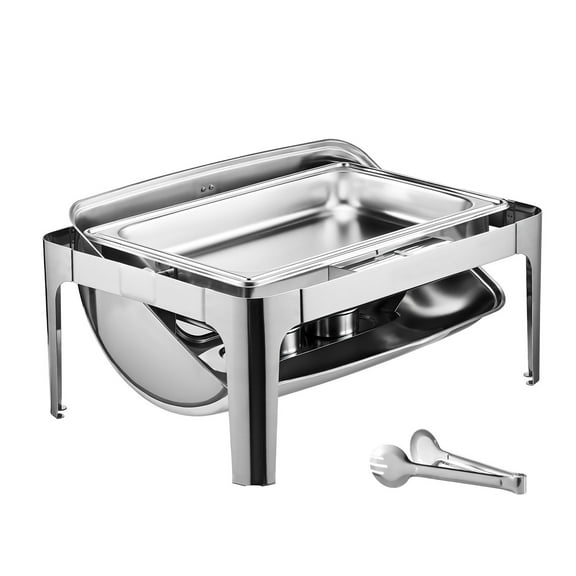 KFFKFF 9Qt Stainless Steel Buffet Serving Set, Rectangular Food Warmer with Full Size Pan, Lid, Water Pan, Foldable Stand, Fuel Holder and Meal Clip, Silver