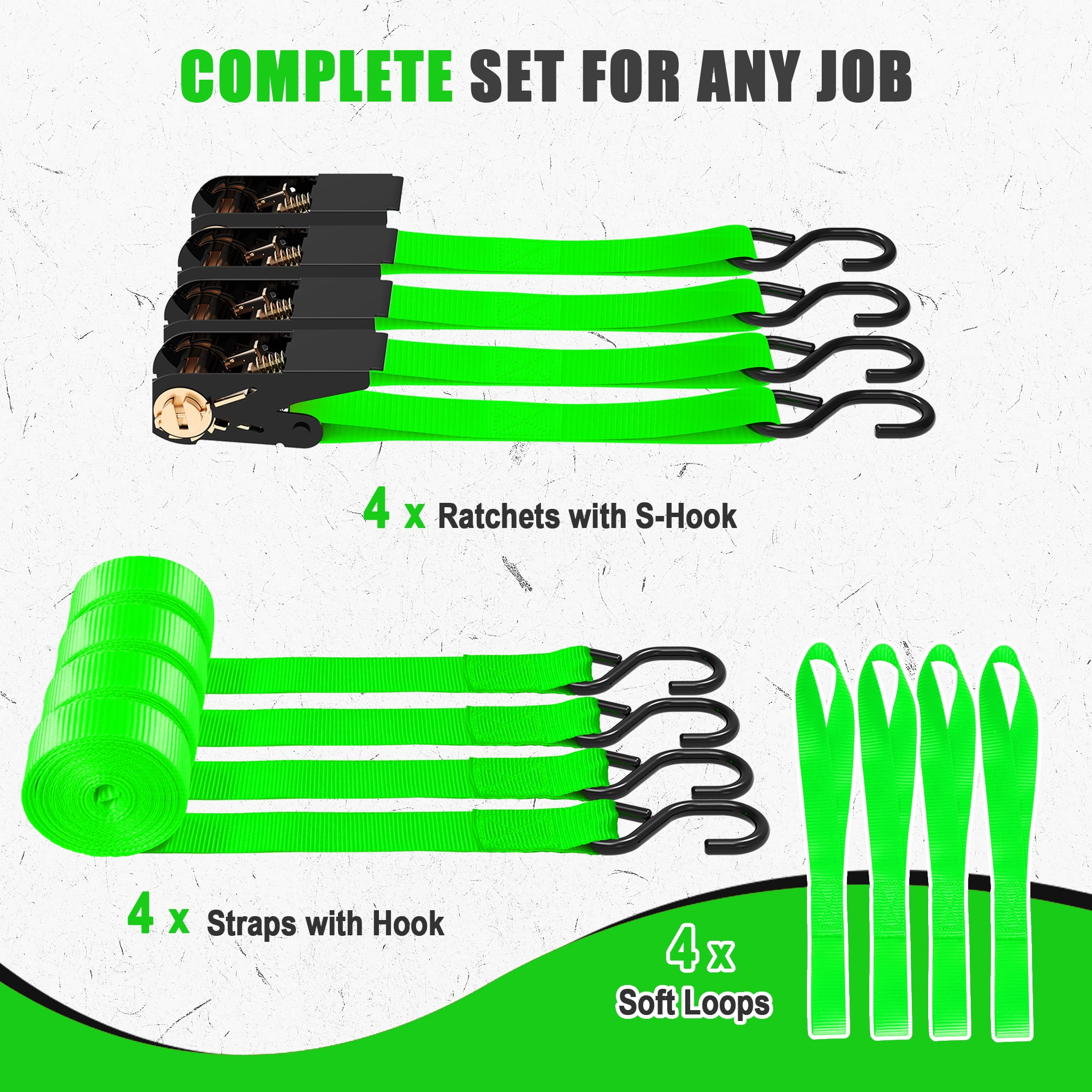 AWELCRAFT Tie-Down Ratchet Straps S-Hooks 1500 lb Load Capacity Green 4-Pack 1 Inch x 15 ft,Green