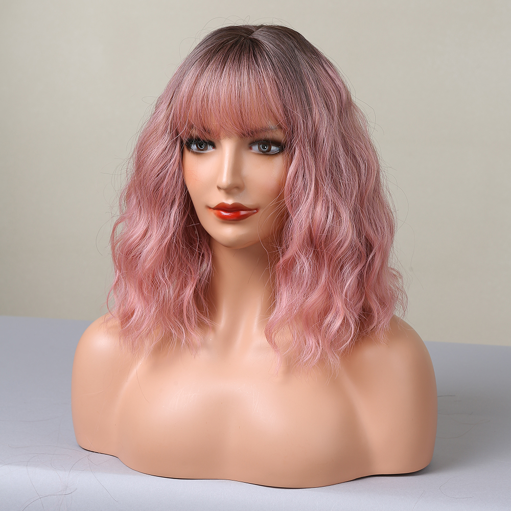 RightOn Short Ombre Pink Wig Black to Pink Wig Short Curly Wavy Pink Wig with Bangs Pink Bob Wigs Heat Resistant Synthetic Wigs