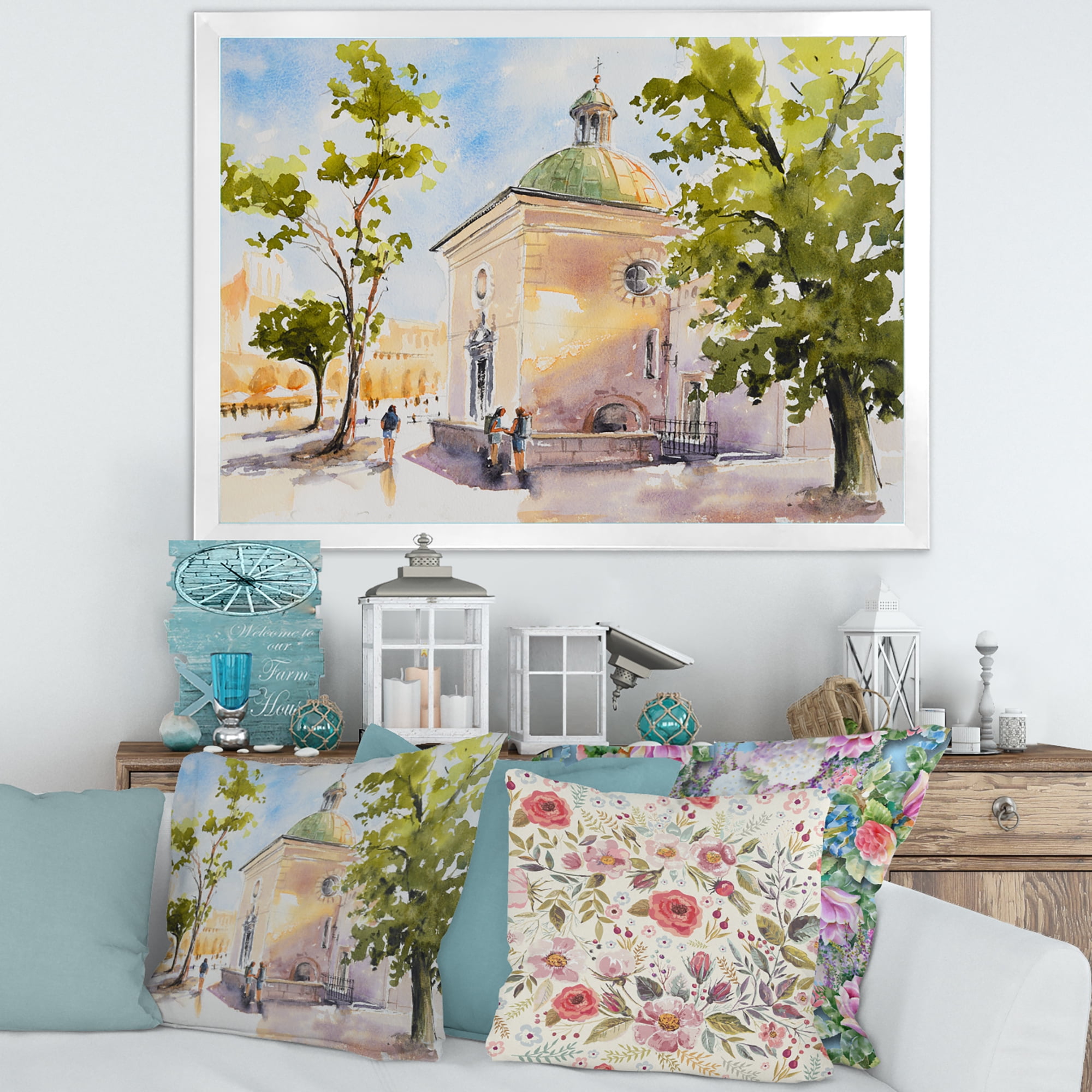 Designart 'People At Rustic Church In The Village' Country Framed Art Print