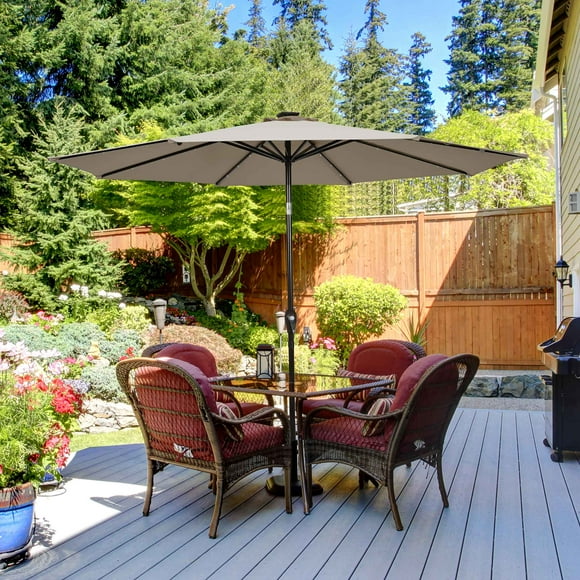 Costway Parasol de Marché pour Patio 10 Pieds à DEL Solaires, Ombre, Inclinaison Réglable, Manivelle, Beige