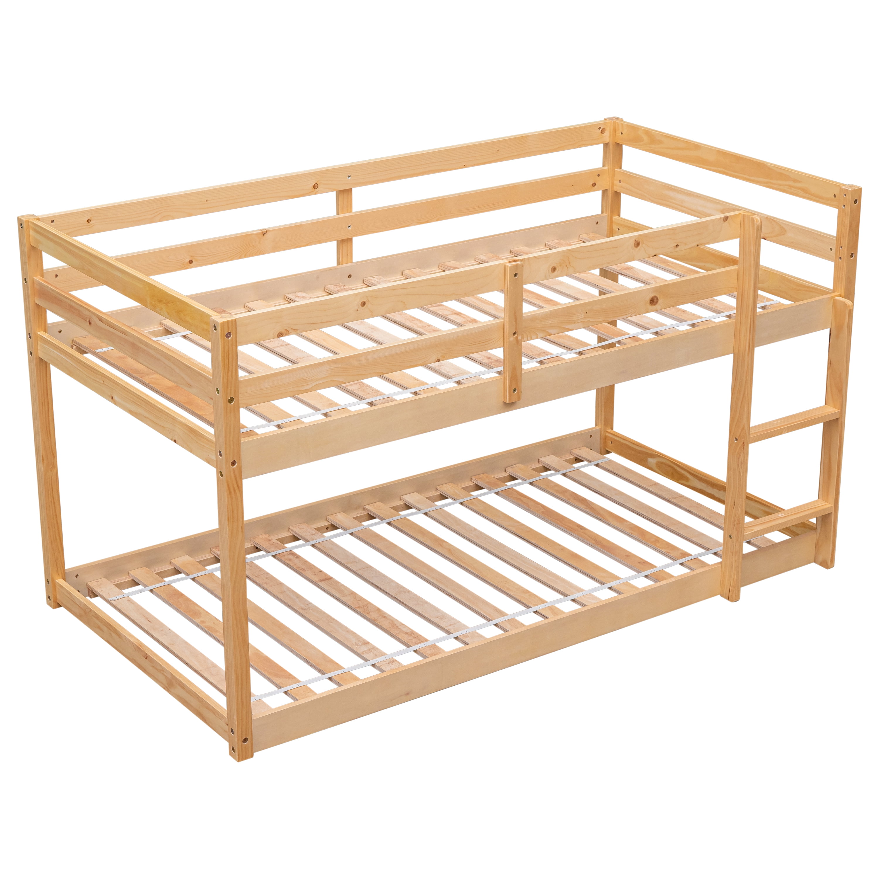 PORKISS Bunk Bed Twin Over Twin, Low Floor Bunk Bed for Kids with Guard Rails for Dorm, Small Space, No Box Spring Needed, Natural