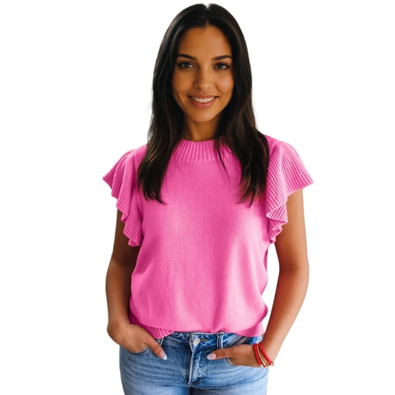 Sachet Pink Ruffle Short Sleeve Sweater for Women – Casual Summer Knit Top, XL
