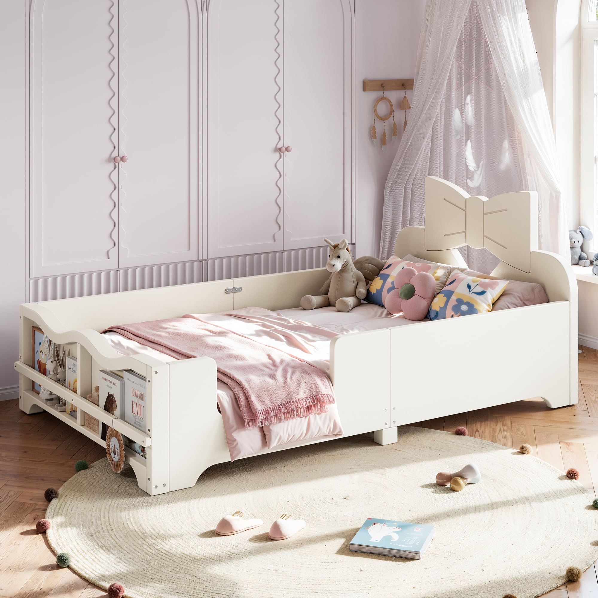 HOQBN Twin Size Kids Platform Bed with Surround Guardrails, Cute Bowknot Shaped Headboard & Built-in Side Bookshelf, Wood Finish Floor Bed Beige