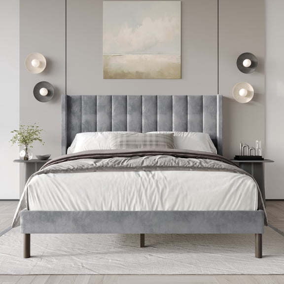 Home Design Herrin Twin Tufted Luxurious Velvet Upholstered Wingback Panel Bed Frame with Vertical Channel Tufting & Wingback Design, Silver Gray, Easy Assembly