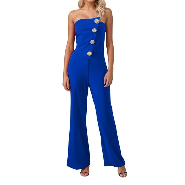 Mono con hombros descubiertos y detalle de botones para mujer - Pantalones acampanados, verano, S-XXL