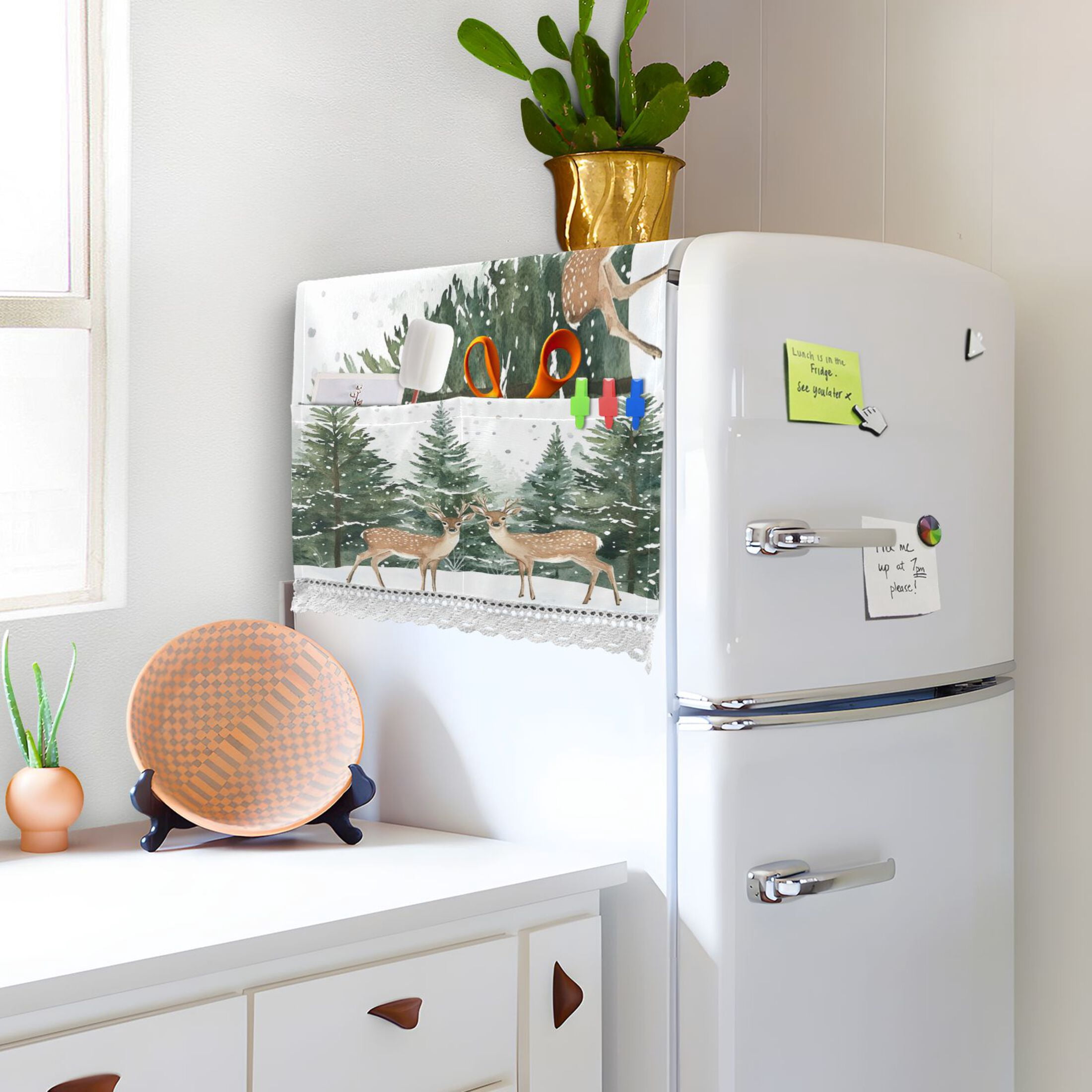 Two Deer Are in The SnowWasher and Dryer Covers Dust-Proof and Oil Resistant Fridge Cover with 4 Storage Pockets Washing Machine Top Cover for Laundry Kitchen Home 51.2 x 22 In